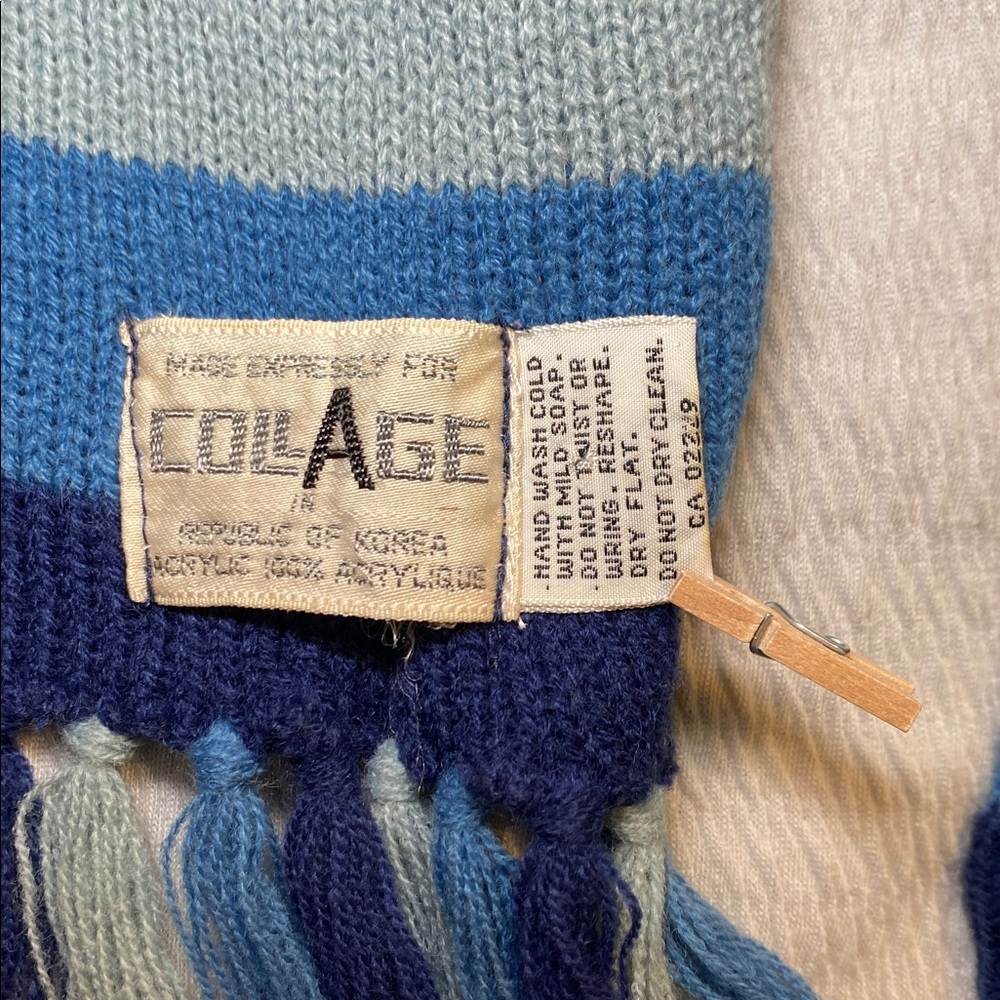 Vintage Collage Knit Scarf Blue Gray Train Cowboy Railroad Whimsical Twee - Picture 4 of 7